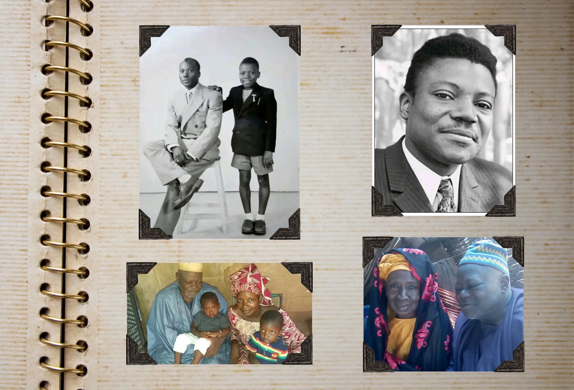 Bladzijde uit een familiefoto-album met Yambo Ouologuem als kind, schrijver en op latere leeftijd. Gedeeld met journalisten door zijn zoon Ambibé.