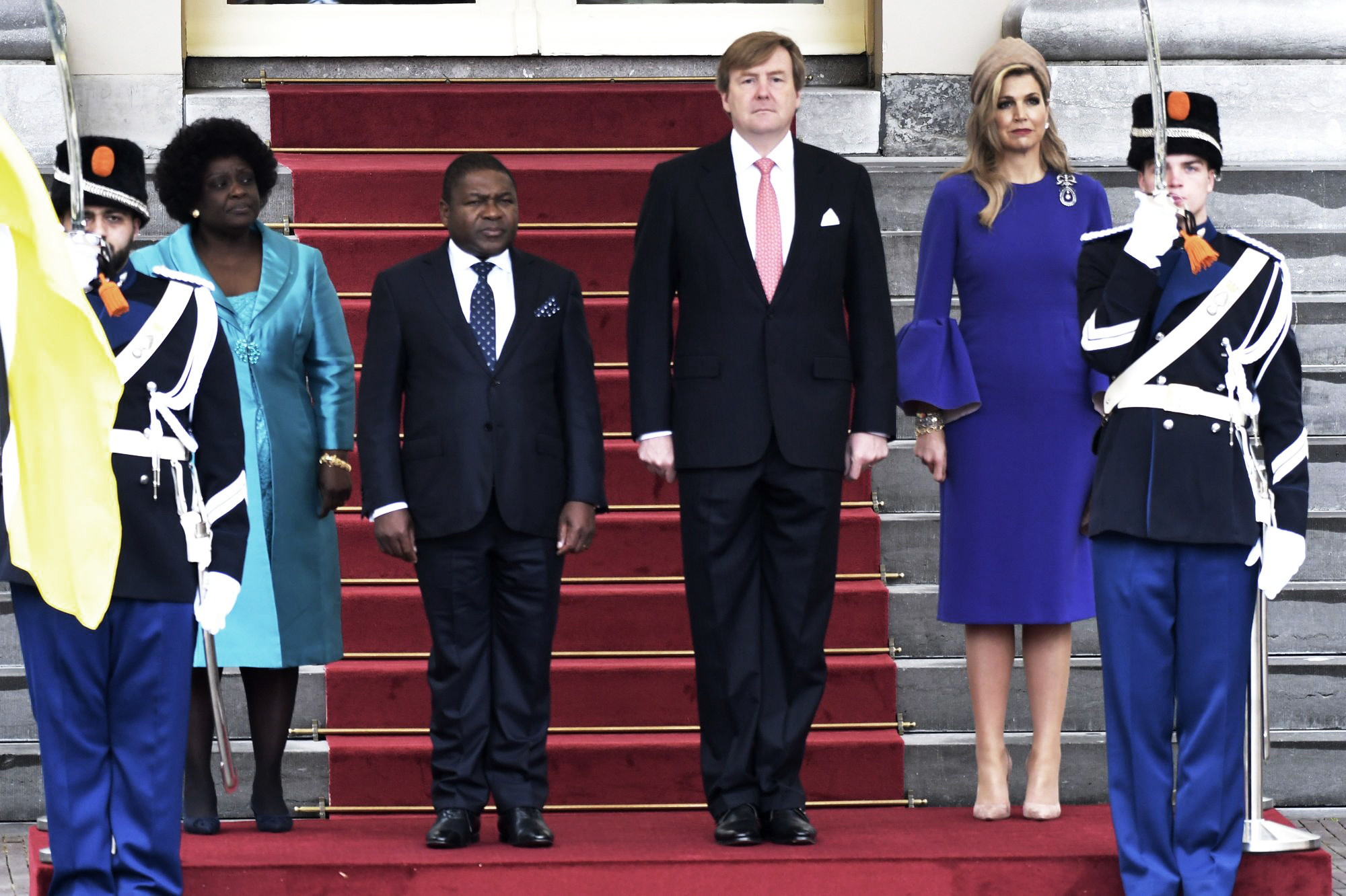 Image: King Willem-Alexander of The Netherlands and Queen Maxima of The Netherlands welcome President Filipe Nyusi of Mozambique and his wife Isaura Nyusi.
