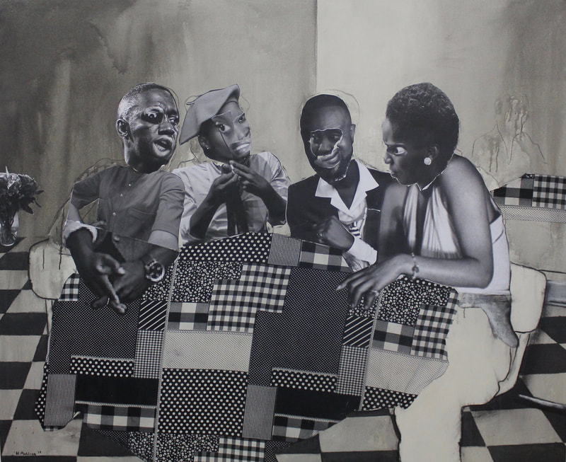 Neo Matloga. 'Nka nako go motseba'. Collage, charcaol and ink on canvas.