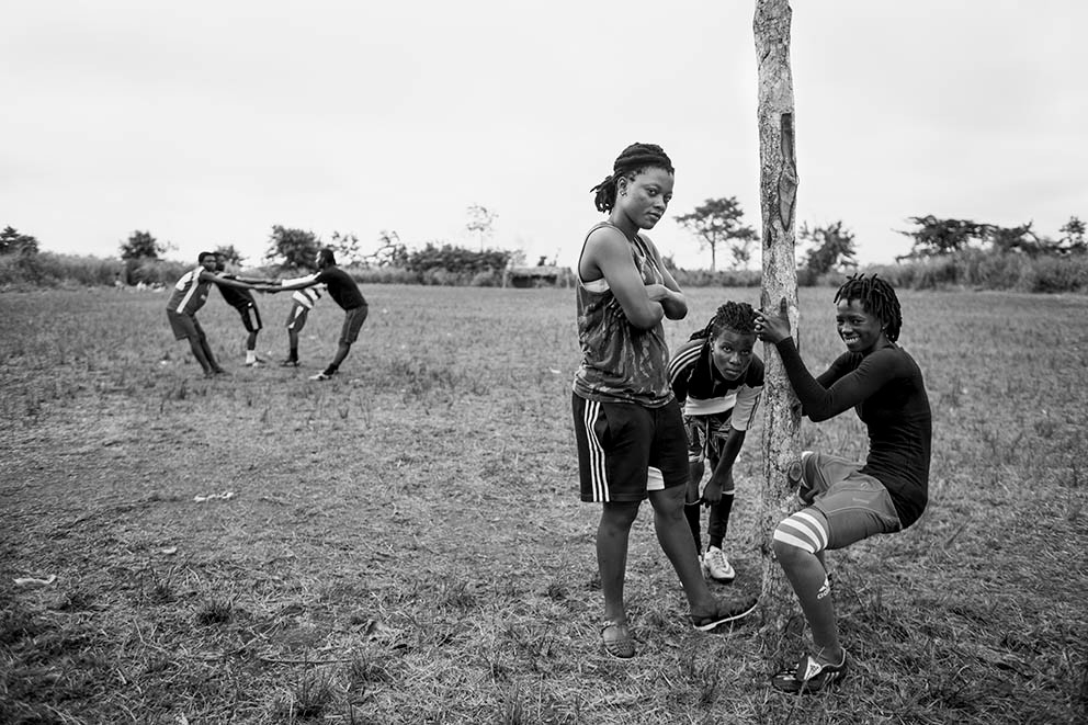 Young girls, most of them lesbian, practicing before a soccer semi-final game in a region of, Cote d’Ivoire 2015. Series A Place to Call their Own